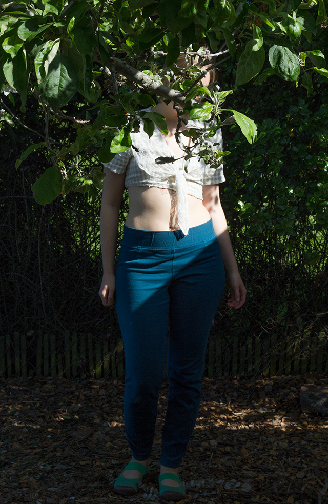 crop top with vintage lace sailor collar, high-waisted teal pants