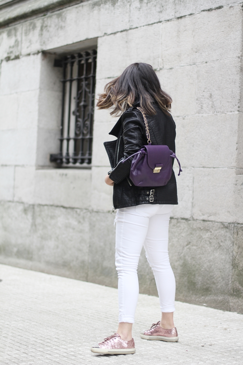 total white look with perfect biker miu miu sneakers and purple backpack