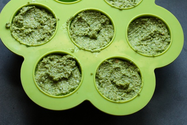 Freezer beaba tray of garlic scape pesto by Eve Fox, Garden of Eating blog, copyright 2012