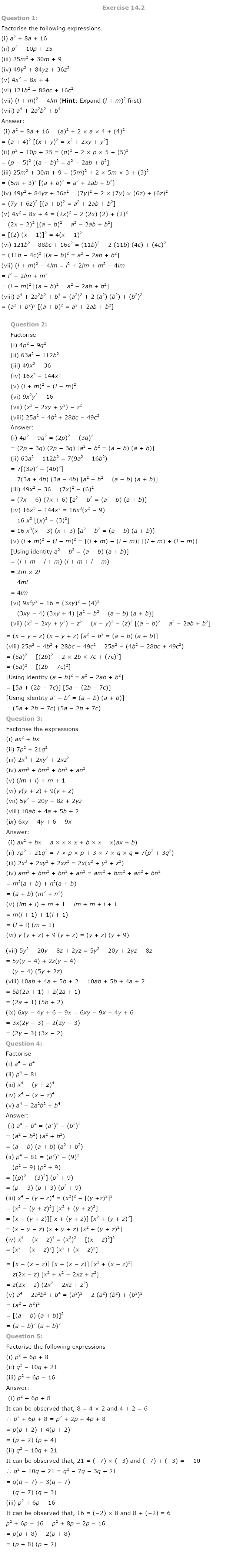 NCERT Solutions For Class 8 Maths Ch 14 Factorization PDF Download