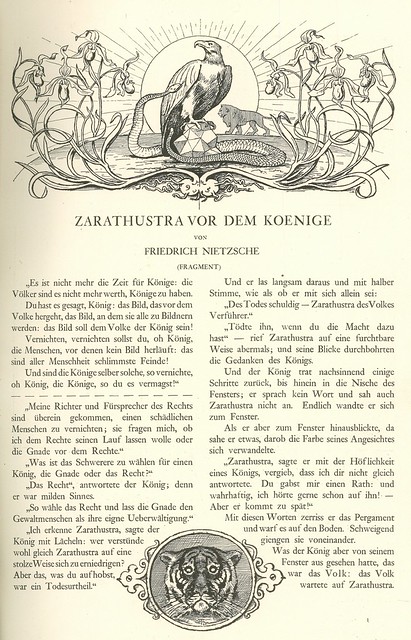 Friedrich Nietzsche.  Also Sprach Zarathustra.  Berlin, 1895.  As excerpted in Pan.  Vol. I, no. 1.