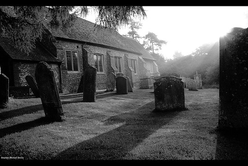 uk morning cemetry blackandwhite bw building church sunrise kent shadows sony headstones farnborough stgiles a300 churchofengland