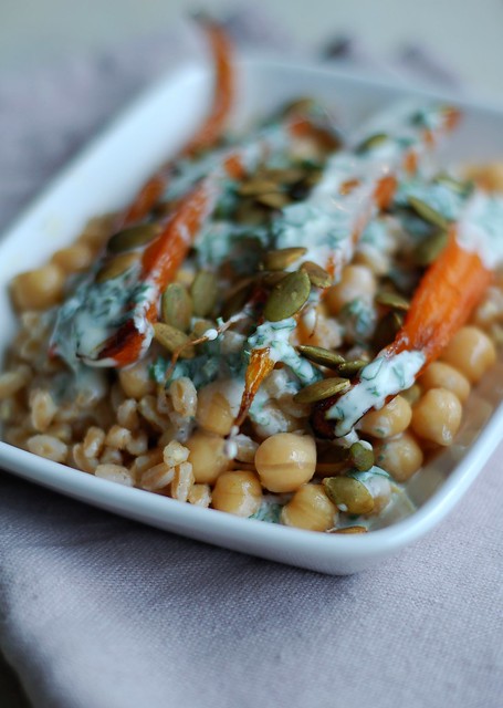 Honey-roasted carrots with herby creme fraiche over garlicky farro & chickpeas by Eve Fox, the Garden of Eating, copyright 2016