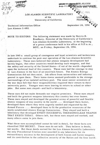 Statement made by Norris E Bradbury Director of the Los Alamos Scientific Laboratory on September 24 1954