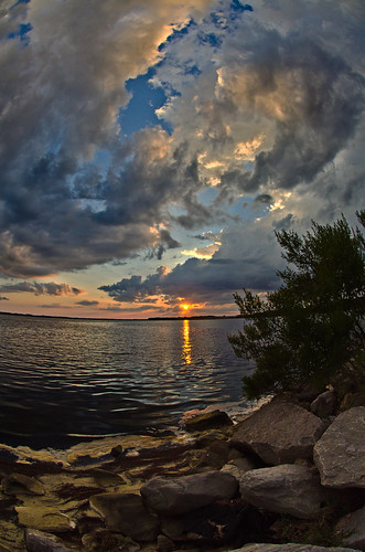 ocean sunset sky reflection water clouds bay rocks florida fisheye eastbay panamacity nikond700