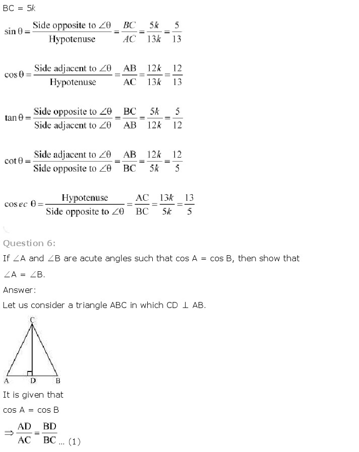 NCERT Solutions for Class 10th Maths Chapter 8 - Introduction to Trigonometry 