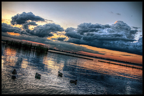 sunset sky lake reflection water clouds ducks hdr müggelsee sommerpfuetze