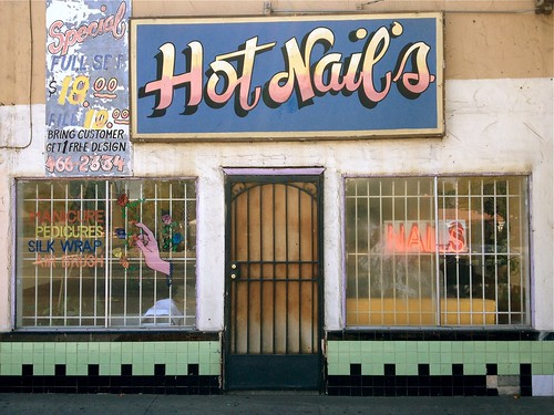 street city signs hot art beauty sign wall tile store neon hand view finger painted nail entrance special business sidewalk nails faded storefront service salon manicure pedicure lettering script stockton signpainter bodycare pamper
