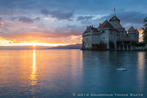 sunset sun lake reflection brick castle water wall clouds star switzerland evening coast living europe break view geneva geneve fort swiss medieval shore setting stronghold defence montreux châteaudechillon