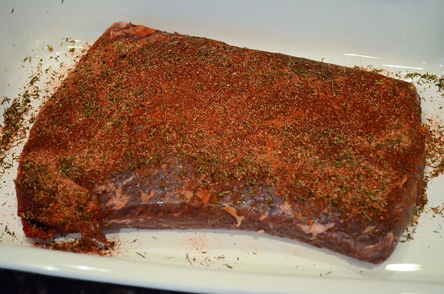 The beef brisket with the spice rub added.