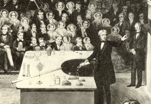 Michael Faraday delivering a lecture in 1856