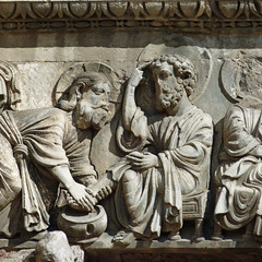Abteikirche Saint-Gilles, Fassade, Petrus zeigt Jesus den Vogel: Du spinnst wohl!