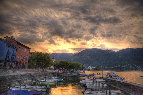 lake clouds buildings switzerland ascona ticino rainbow shops hdr ch