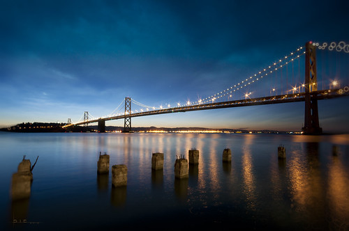 sf sanfrancisco city bridge blue reflection water night lights bay pier folsom embarcadero pillars