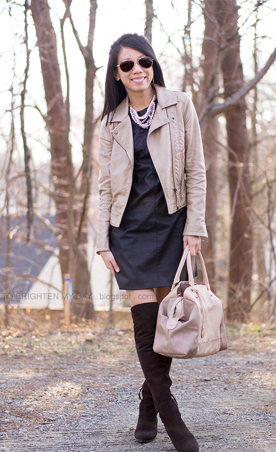tan leather jacket, statement necklace, black leather dress, brown suede knee high boots