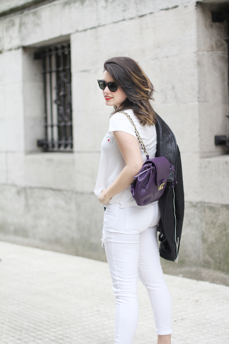 total white look with perfect biker miu miu sneakers and purple backpack