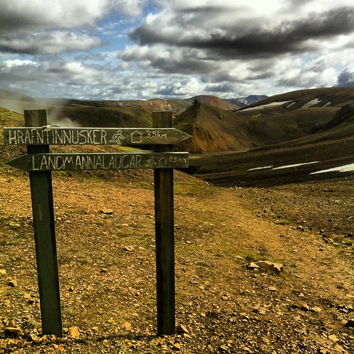 sign trekking walking iceland highlands hiking path walk hike trail signpost icelandic augavegur