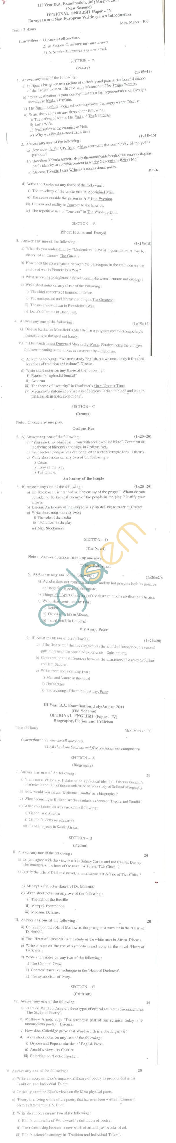 Bangalore University Question Paper July/August 2011 III Year B.A. Examination - Optional English