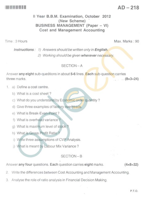 Bangalore University Question Paper Oct 2012 II Year BBM - BusinessManagement Paper VI Cost and Management Accounting