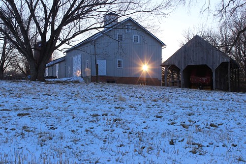snow barn sunrise flare