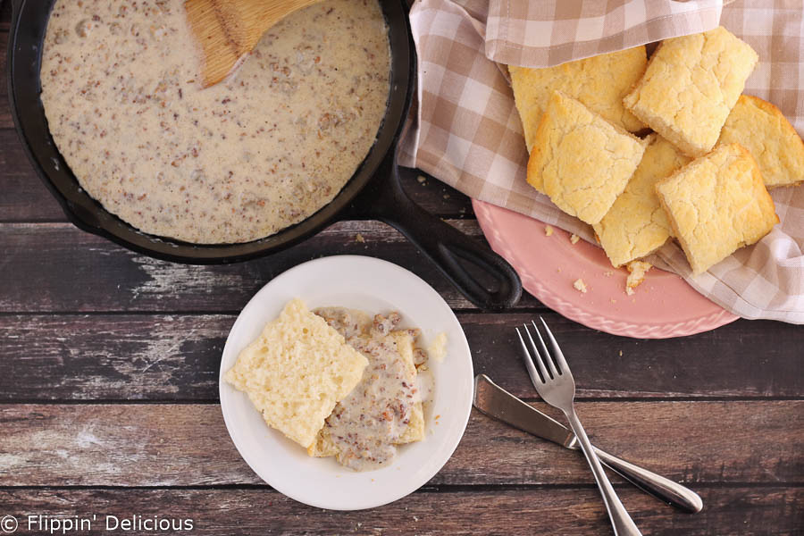 Creamy gluten-free sausage gravy is simple to make, full of flavor, and perfect over fresh gluten- free biscuits.