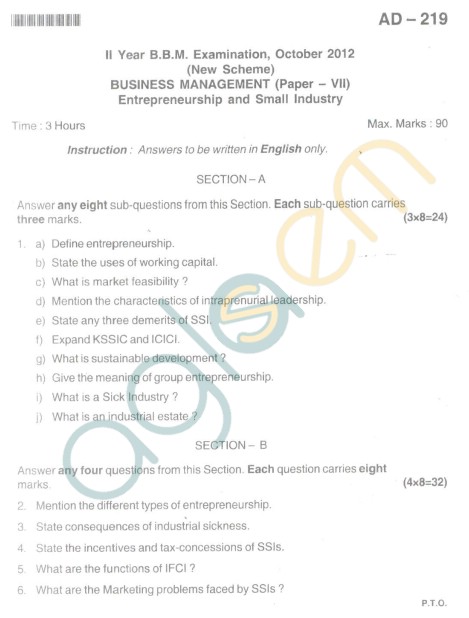 Bangalore University Question Paper Oct 2012 II Year BBM - Business Management Paper VII Entrepreneurship and Small Industry