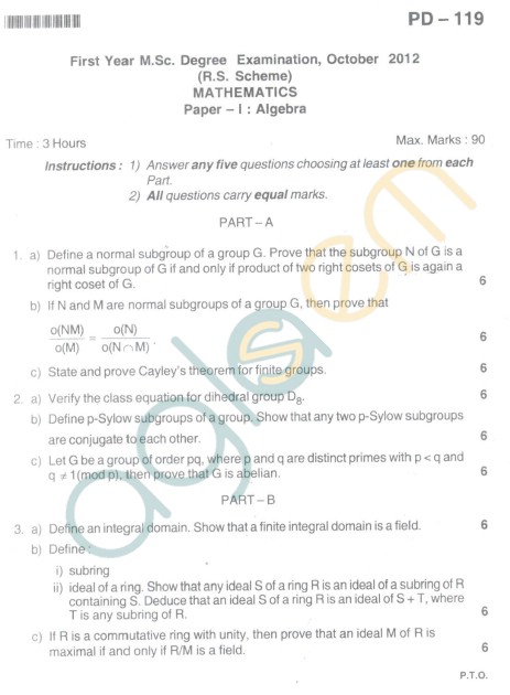 Bangalore University Question Paper Oct 2012: I Year M.Sc. - Mathematics paper I : Algebra