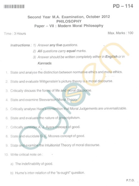 Bangalore University Question Paper Oct 2012: II Year M.A. - Degree Philosophy Paper VII Modern Moral Philosophy