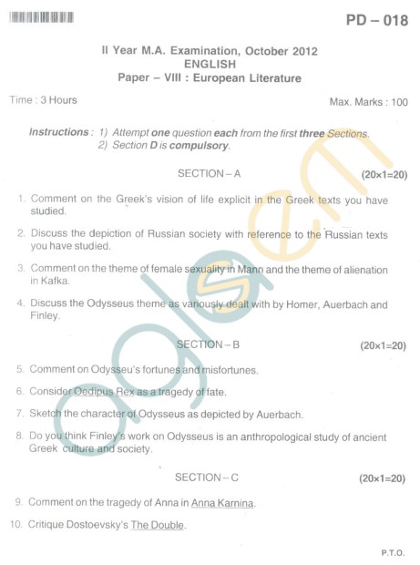 Bangalore University Question Paper Oct 2012: II Year M.A. - English Paper VIII European Literature