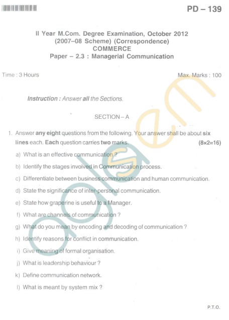 Bangalore University Question Paper Oct 2012 II Year M.Com. - Commerce paper - 2.3 : Managerial Communication
