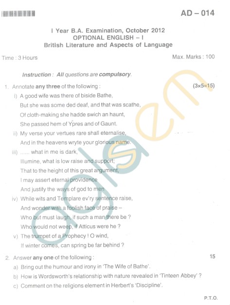 Bangalore University Question Paper Oct 2012 I Year B.A. Examination - Optional English I