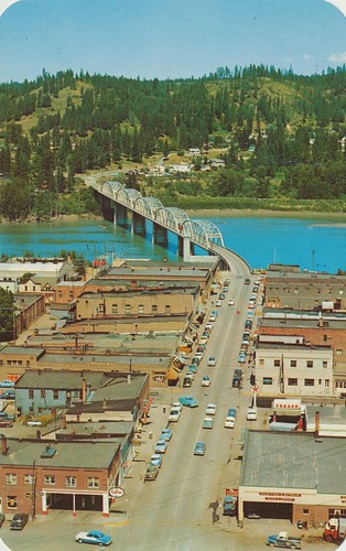 vintage mainstreet postcard aerialview idaho texaco streetview bonnersferry bridgechevron