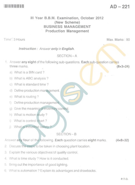 Bangalore University Question Paper Oct 2012 III Year BBM - Business Management Production Management