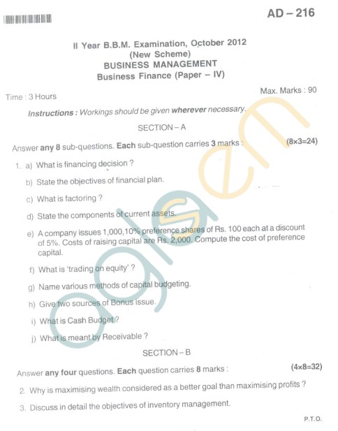 Bangalore University Question Paper Oct 2012 II Year BBM - Business Management Business Finance (Paper IV)