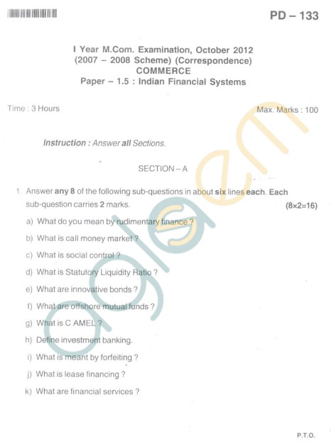 Bangalore University Question Paper Oct 2012 I Year M.Com. - Commerce Paper - 1.5 : Indian Financial Systems