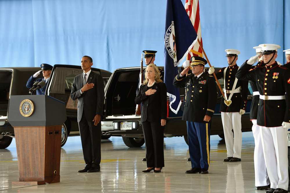Obama and Clinton at Transfer of Remains Ceremony for Benghazi attack victims Sep 14, 2012