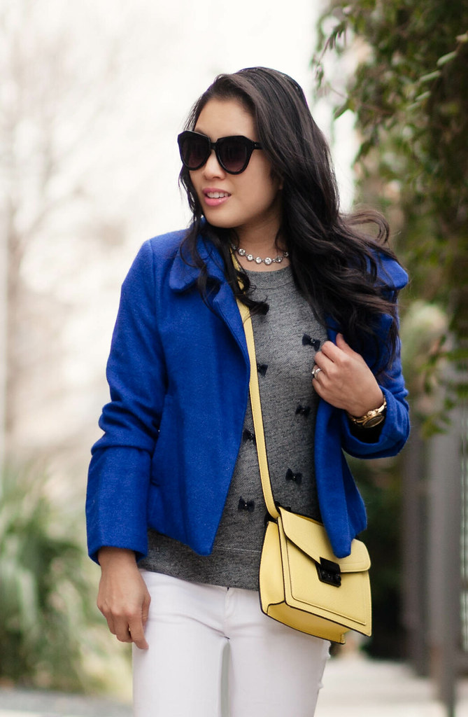 cute & little blog | petite fashion | cobalt blue cropped wool coat, j.crew bow embellished sweater, white jeans, shoedazzle pink pumps, yellow crossbody bag | fall winter outfit