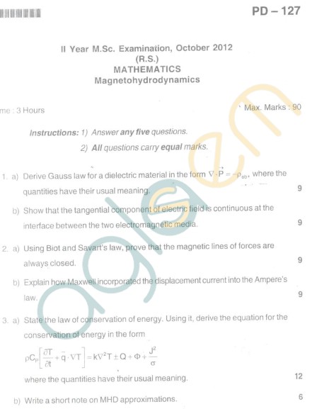 Bangalore University Question Paper Oct 2012: II Year M.Sc. - Mathematics Magnetohydrodynamics