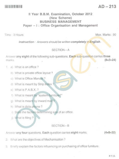 Bangalore University Question Paper Oct 2012 II Year BBM - Business Management office Organisation and Management