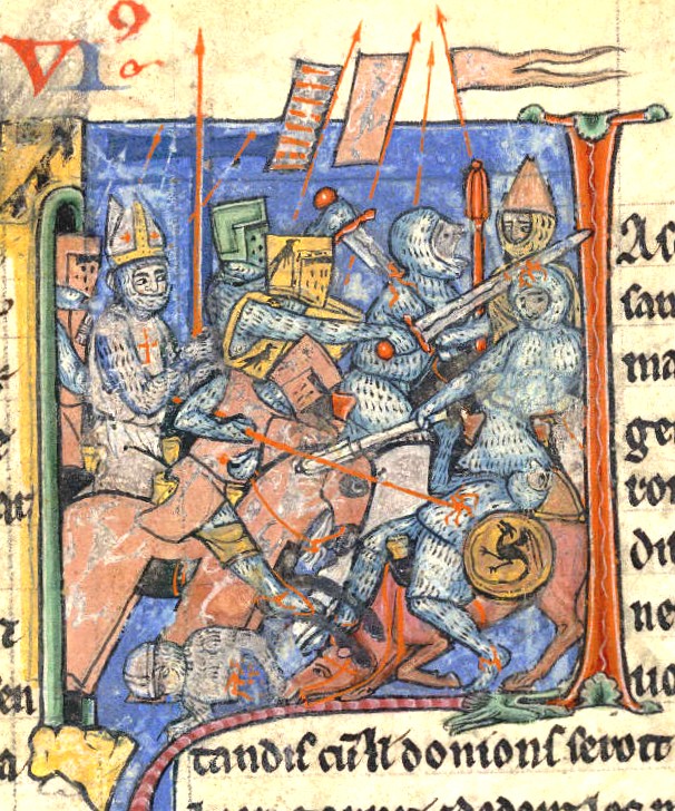 2. Miniatura medieval representando una batalla en plena Cruzada. de la Histoire d'Outremer, por William de Tiro