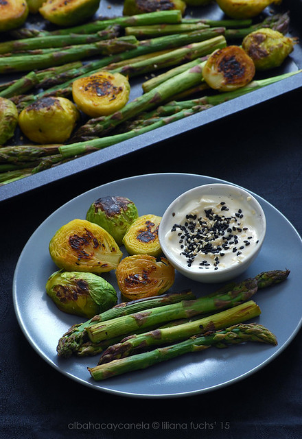 Roasted asparagus and brussel sprouts with sesame