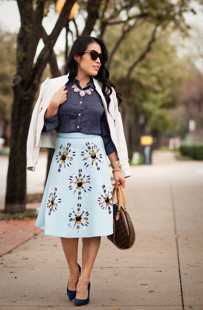 cute & little blog | petite fashion | white leather jacket, loft navy button blouse, sheinside beaded embellished jewel baby blue midi skirt, crystal statement necklace, louis vuitton ellipse pm | spring outfit