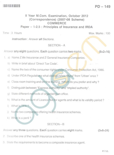 Bangalore University Question Paper Oct 2012 II Year M.Com. - Commerce paper - I -2.5 Principles of Insurance And Irda