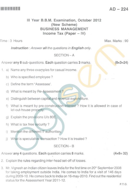 Bangalore University Question Paper Oct 2012 III Year BBM - Business Management Income Tax(PaperIV)