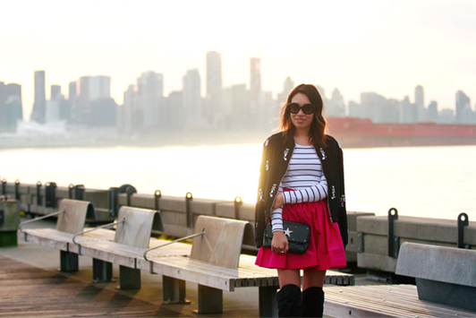 HRH Collection monochrome crystal bomber, Partyskirts wild strawberry, Chinese Laundry over-the-knee boots, striped top, Prada sunglasses, Vancouver, fashion, style, blogger