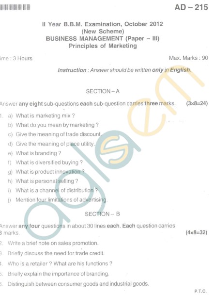 Bangalore University Question Paper Oct 2012 II Year BBM - Business Management Paper III Principles of Marketing