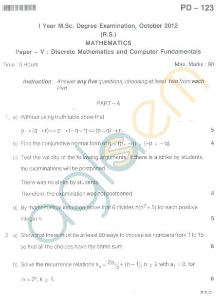 Bangalore University Question Paper Oct 2012: I Year M.Sc. - Mathematics Discrete Mathematics And Fundamentals