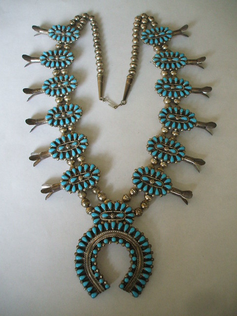 Signed Navajo Petitpoint Turquoise Sterling Silver Squash Blossom Necklace