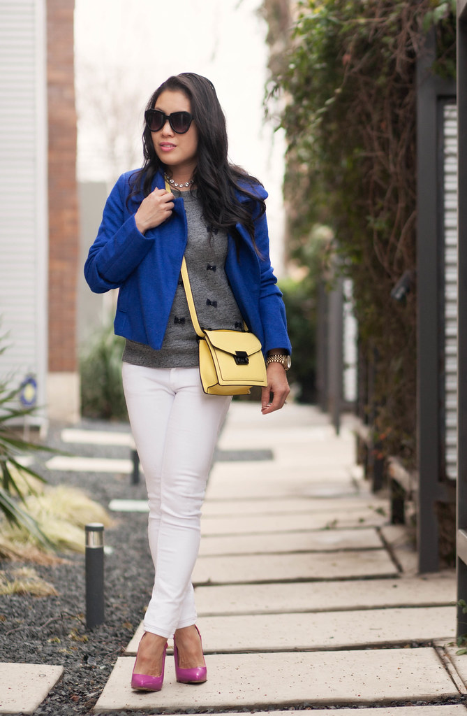 cute & little blog | petite fashion | cobalt blue cropped wool coat, j.crew bow embellished sweater, white jeans, shoedazzle pink pumps, yellow crossbody bag | fall winter outfit