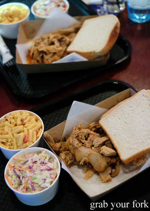 Scott's BBQ pulled pork, pork cracklings, Carolina slaw and pimento mac n cheese at Harpoon Harry, Surry Hills